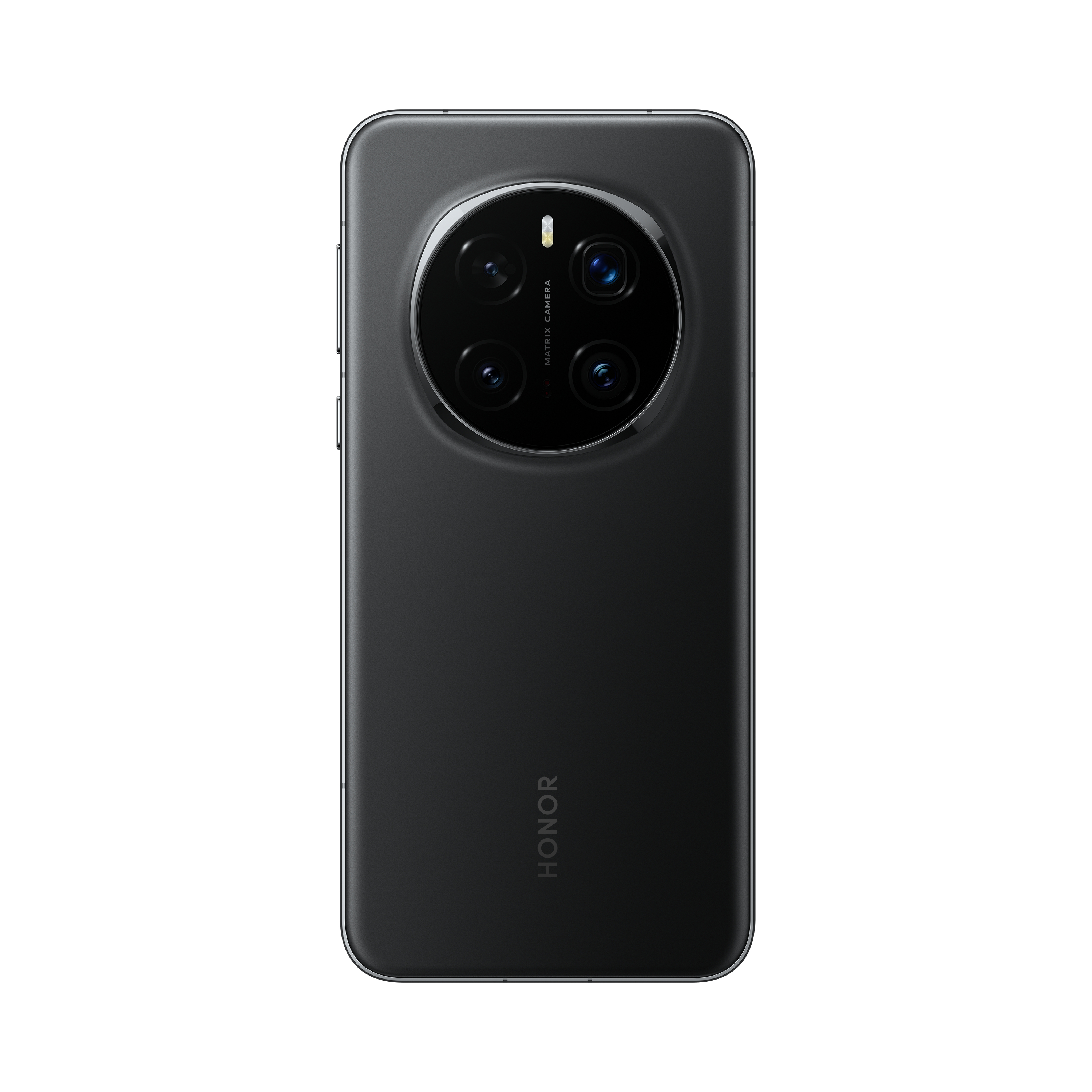 Ein schwarzes Smartphone mit einem kreisförmigen Kameramodul. Das Telefon ist isoliert.