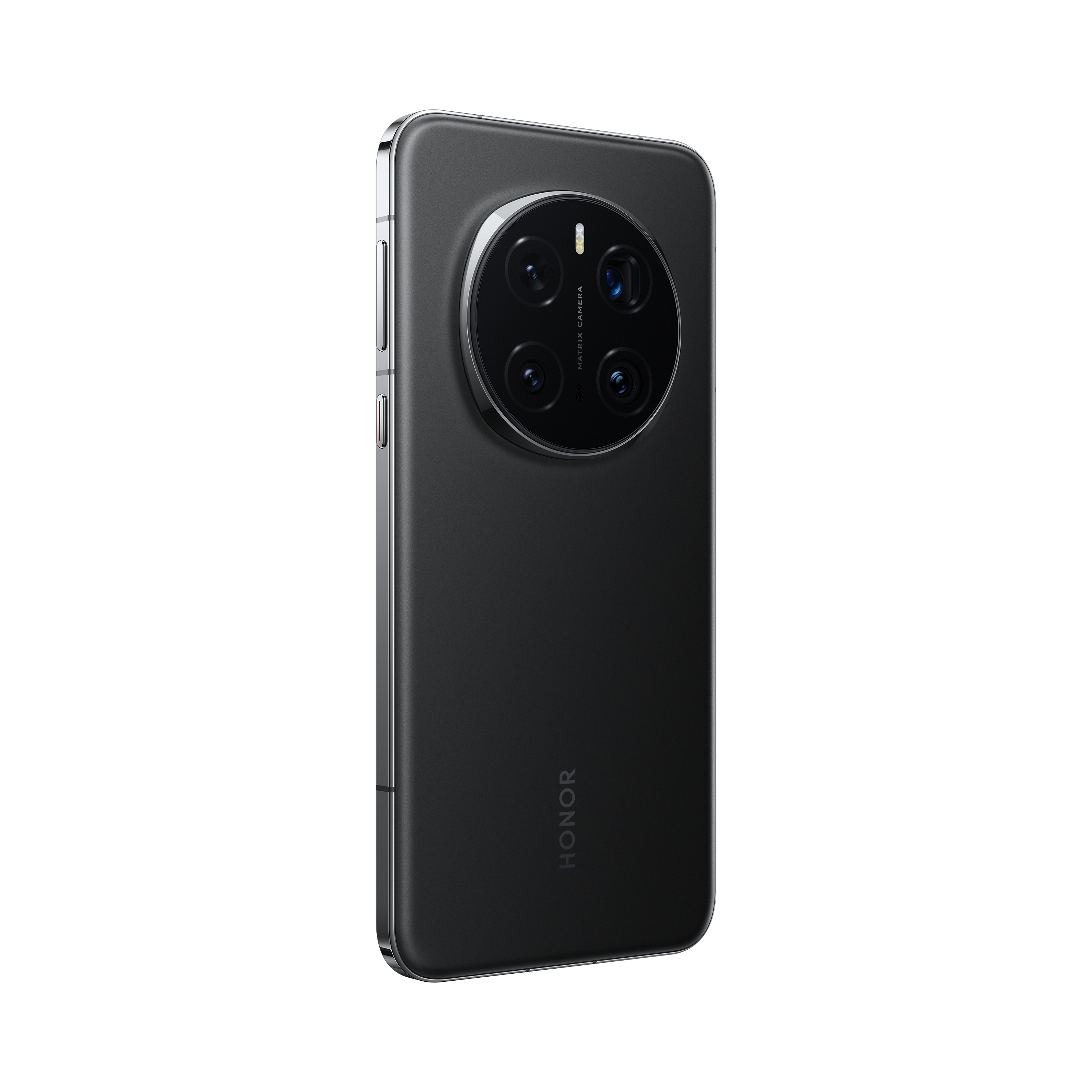 Ein schwarzes Smartphone mit auffälligem Kameramodul auf der Rückseite, HONOR-Logo unten.