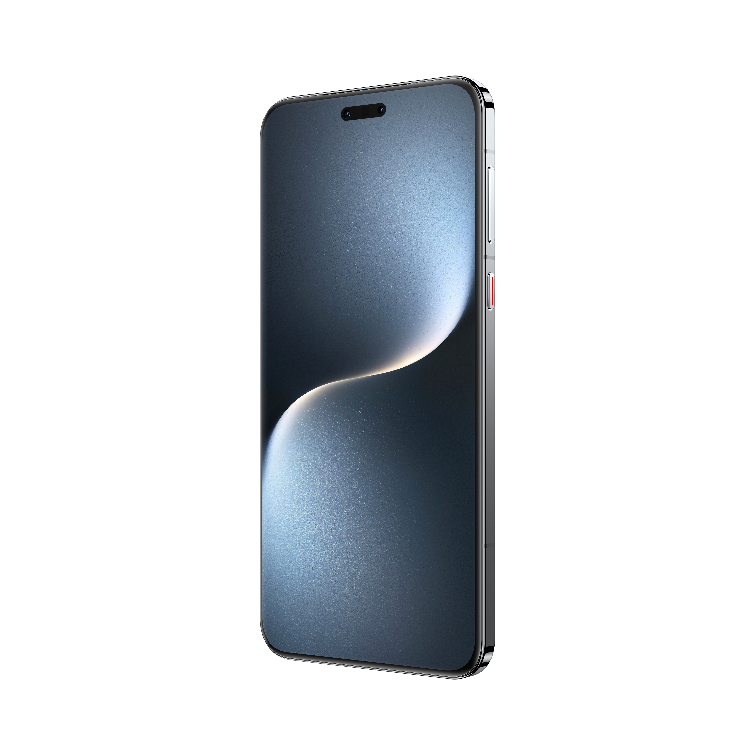 Ein modernes Smartphone in Schwarz und Silber, leicht angewinkelt, auf weißem Hintergrund.