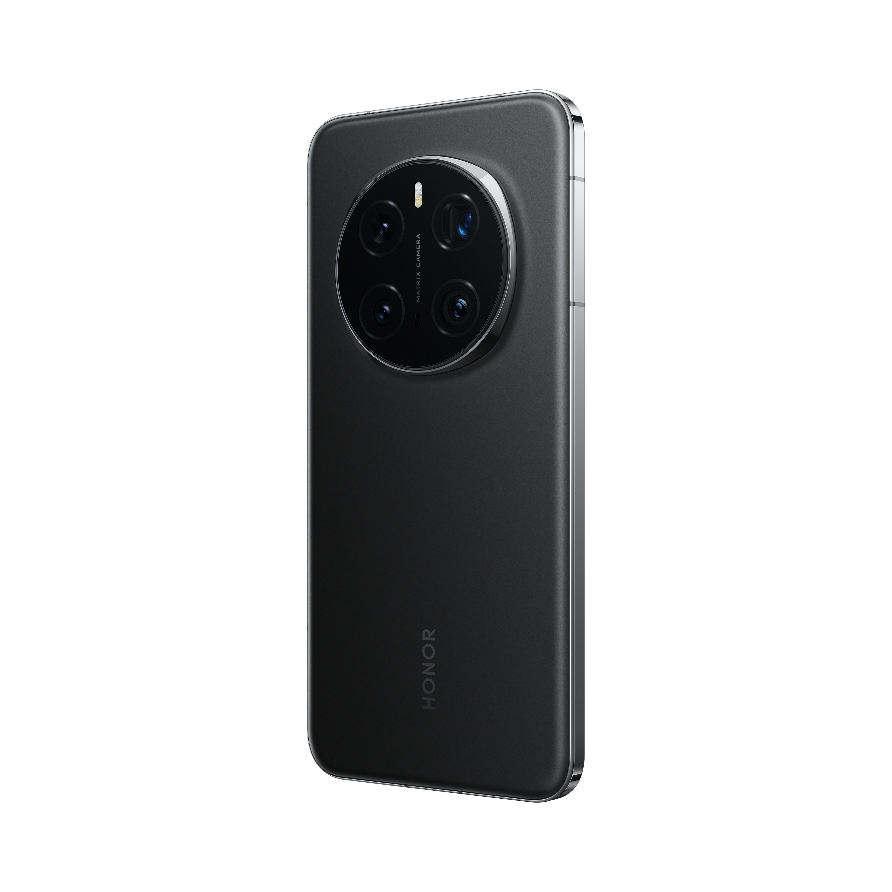 Ein schwarzes Telefon mit silbernem Rahmen. Hat vier Kameras auf der Rückseite.
