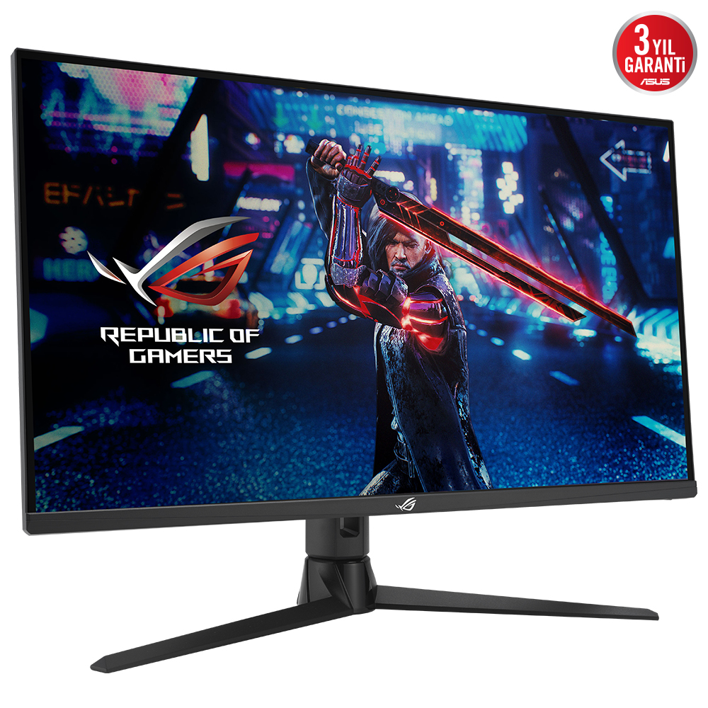 Bir bilgisayar monitörü, kılıç tutan bir adamla bir oyun sahnesi görüntüler. Monitörde ROG logosu var.
