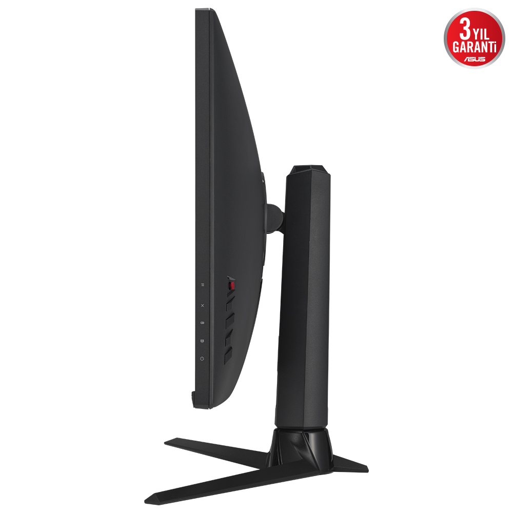 Siyah ASUS monitör, yan görünüm, stant, düğmeler ve kırmızı bir güç göstergesi ile.