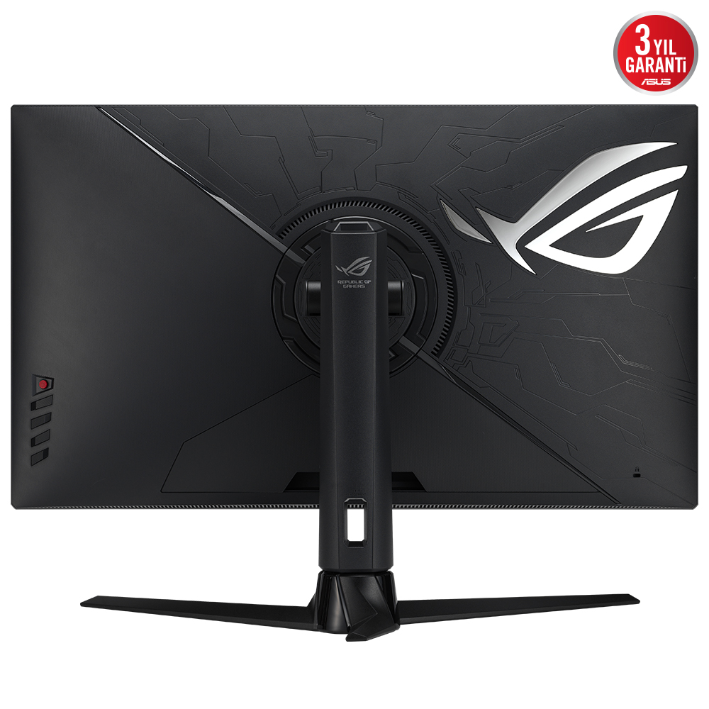 Asus ROG logosu ve standı olan siyah monitör arkası.