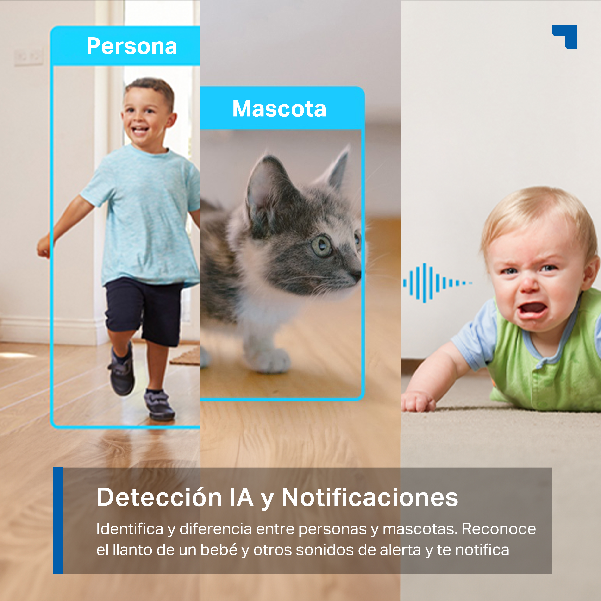 Imagen muestra un niño, gato y bebé llorando con cuadros de texto. Texto describe características sistema seguridad.