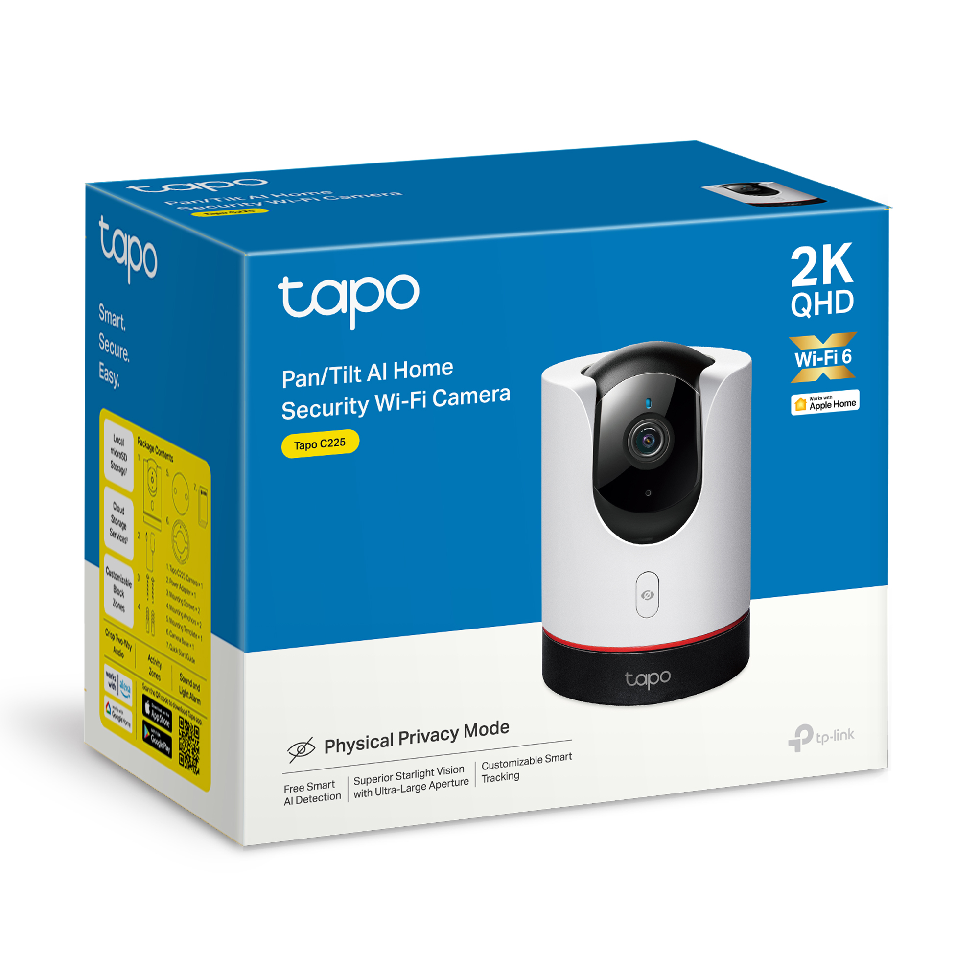 Caja de cámara de seguridad blanca y negra. Icono de cámara, logotipo Tapo, 2K QHD, Wi-Fi 6.
