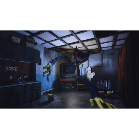 Una escena de un videojuego con un monstruo y un personaje sosteniendo un juguete.