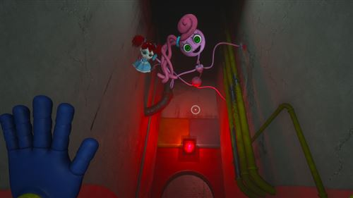 Imagen de un videojuego, con dos monstruos rosas en un entorno industrial iluminado en rojo.