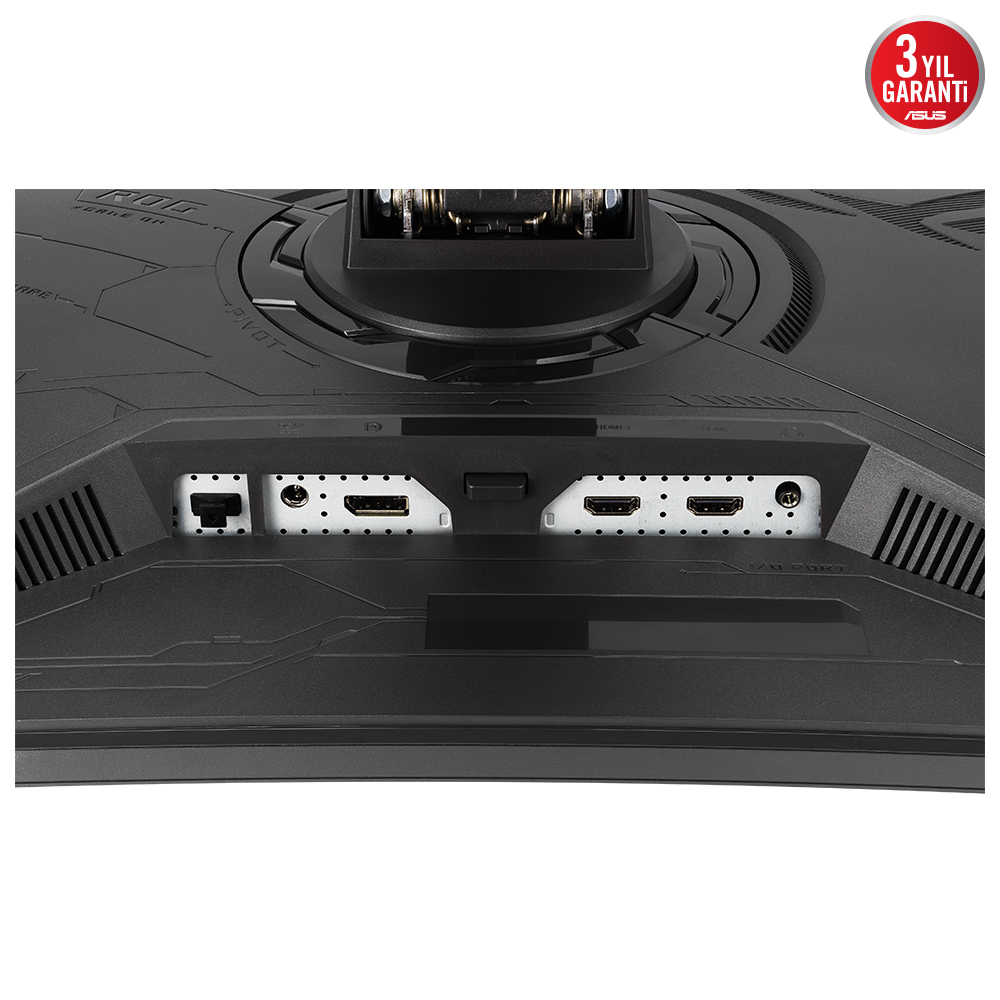 Kavisli bir ASUS monitörünün arkası. Siyah, çeşitli bağlantı noktalarıyla. Garanti.