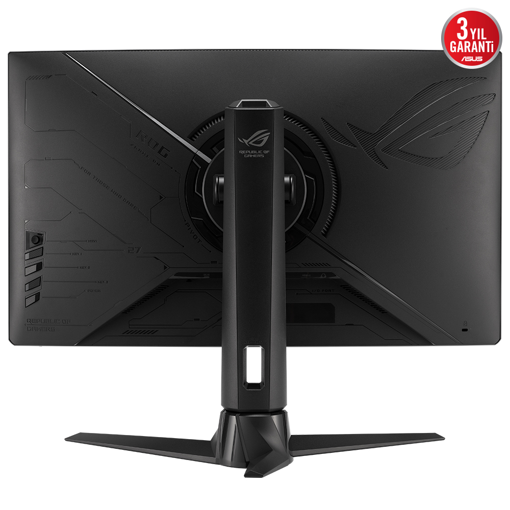 Standlı siyah monitör arkası. Metinler: ROG, pivot ve model özellikleri. Siyah arka plan.