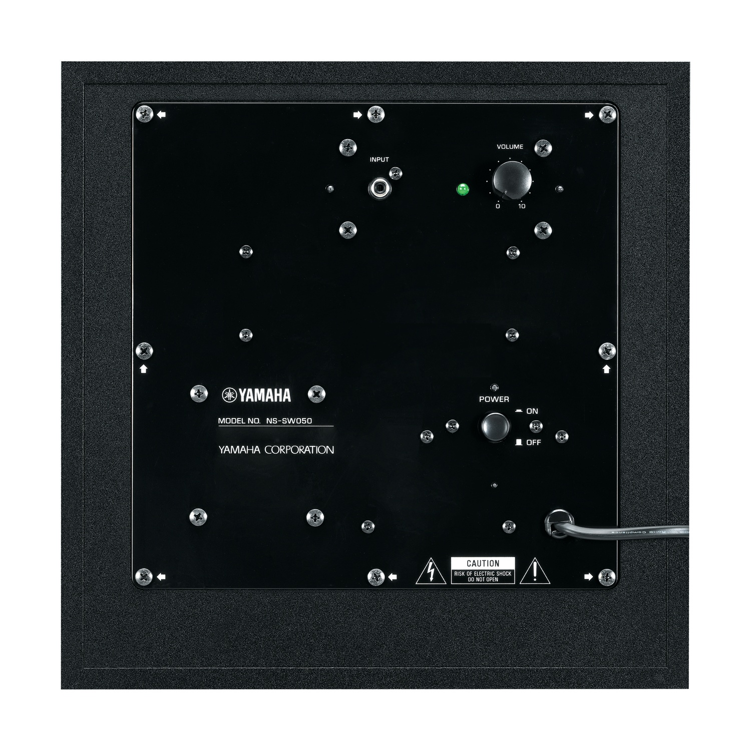 Pannello posteriore di un subwoofer Yamaha con ingressi, alimentazione e controlli del volume.