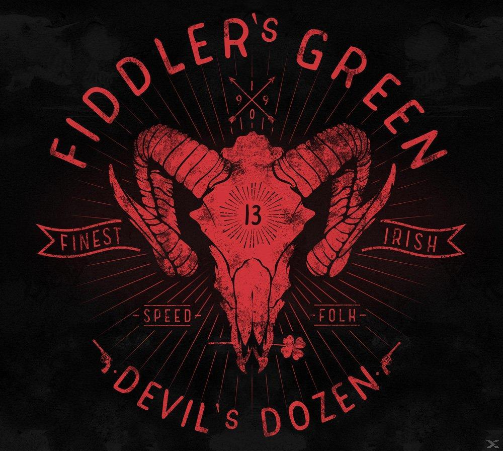 Fiddler's Green Devil's Dozen Logo, roter Schädel und Text auf schwarzem Hintergrund.