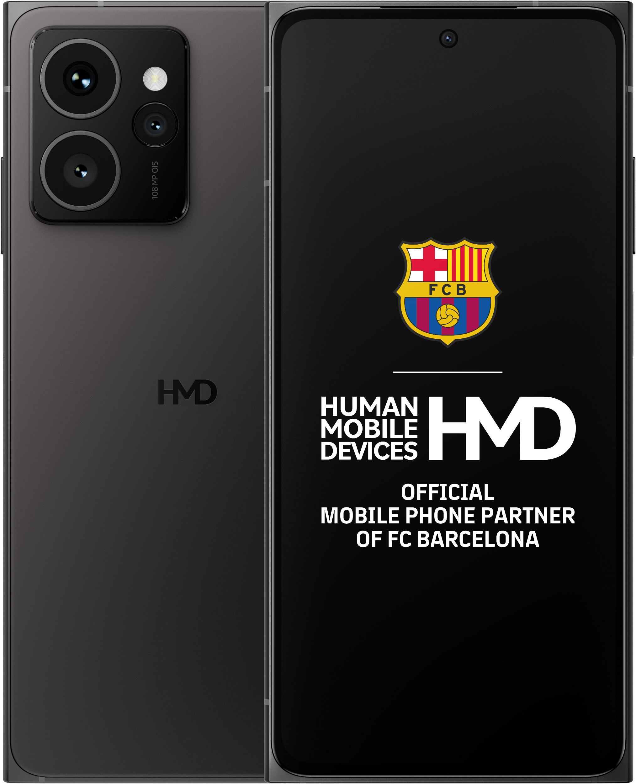 Czarny składany telefon z logo Barcelony, HMD i tekstem 'Human Mobile Devices'.