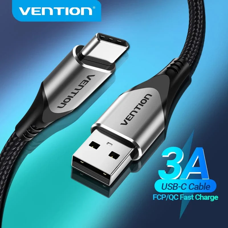 USB-C kábel USB és USB-C végekkel, VENTION logóval és 3A felirattal.