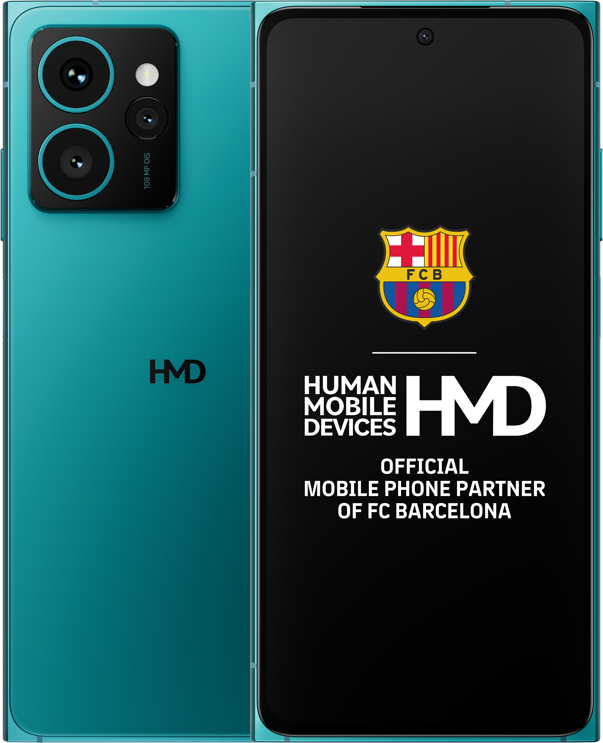 Turkusowy smartfon z logo FC Barcelona na ekranie i dwoma obiektywami kamery.