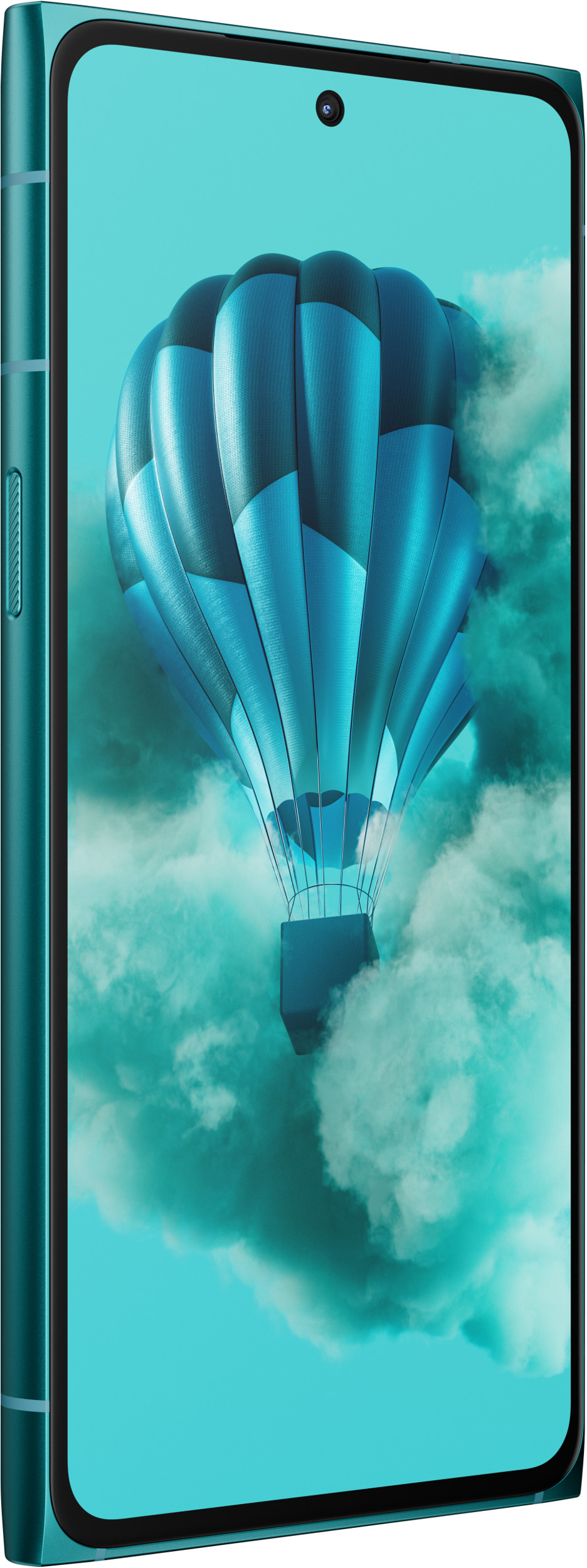 Turkusowy smartfon z grafiką balonu na ekranie. Widok z boku, pod kątem.