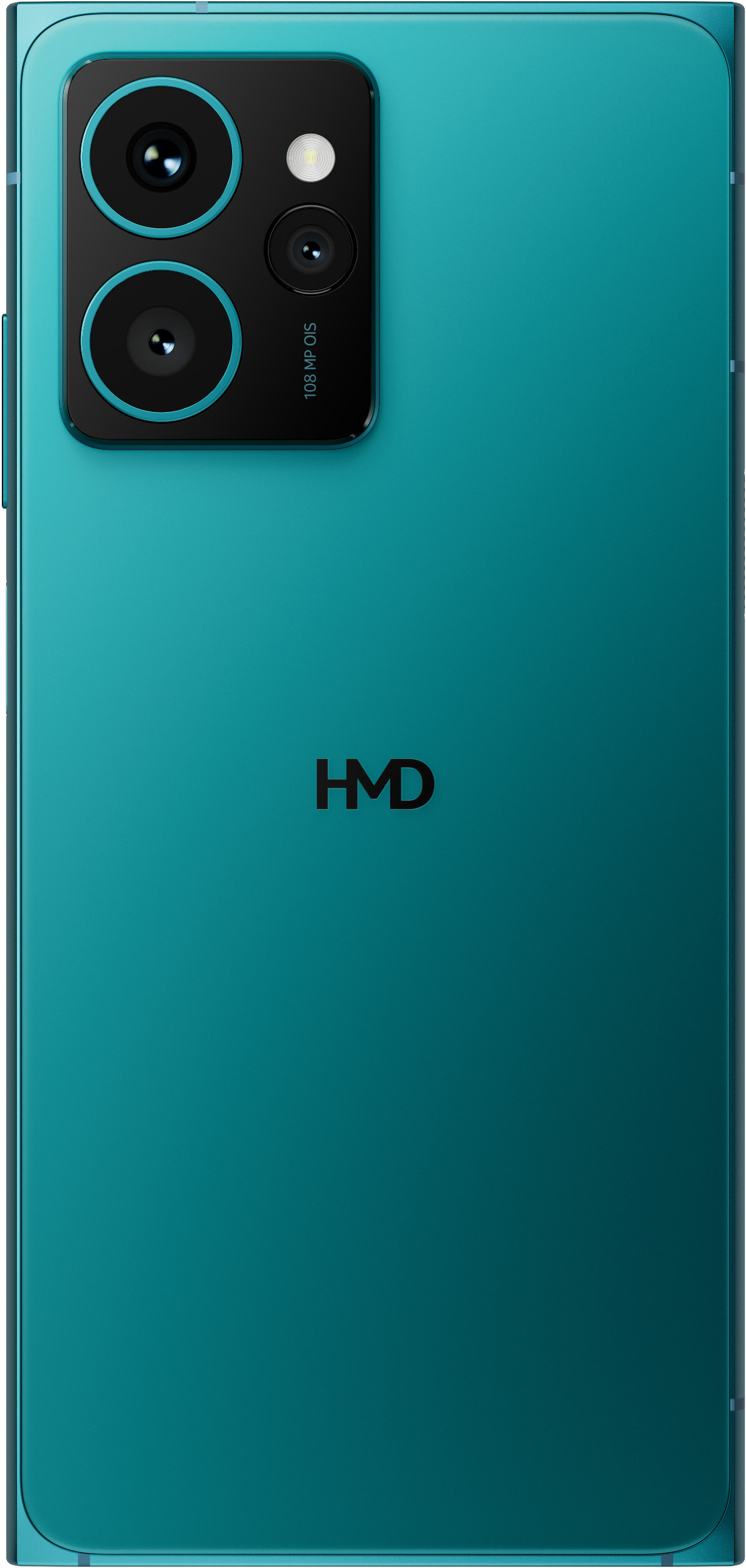 Tył turkusowego telefonu, czarne obiektywy, logo HMD.