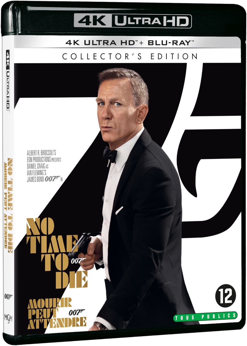 No Time To Die filmcover. Daniel Craig in zwart pak met pistool. Vetgedrukte tekst 'No Time To Die'.