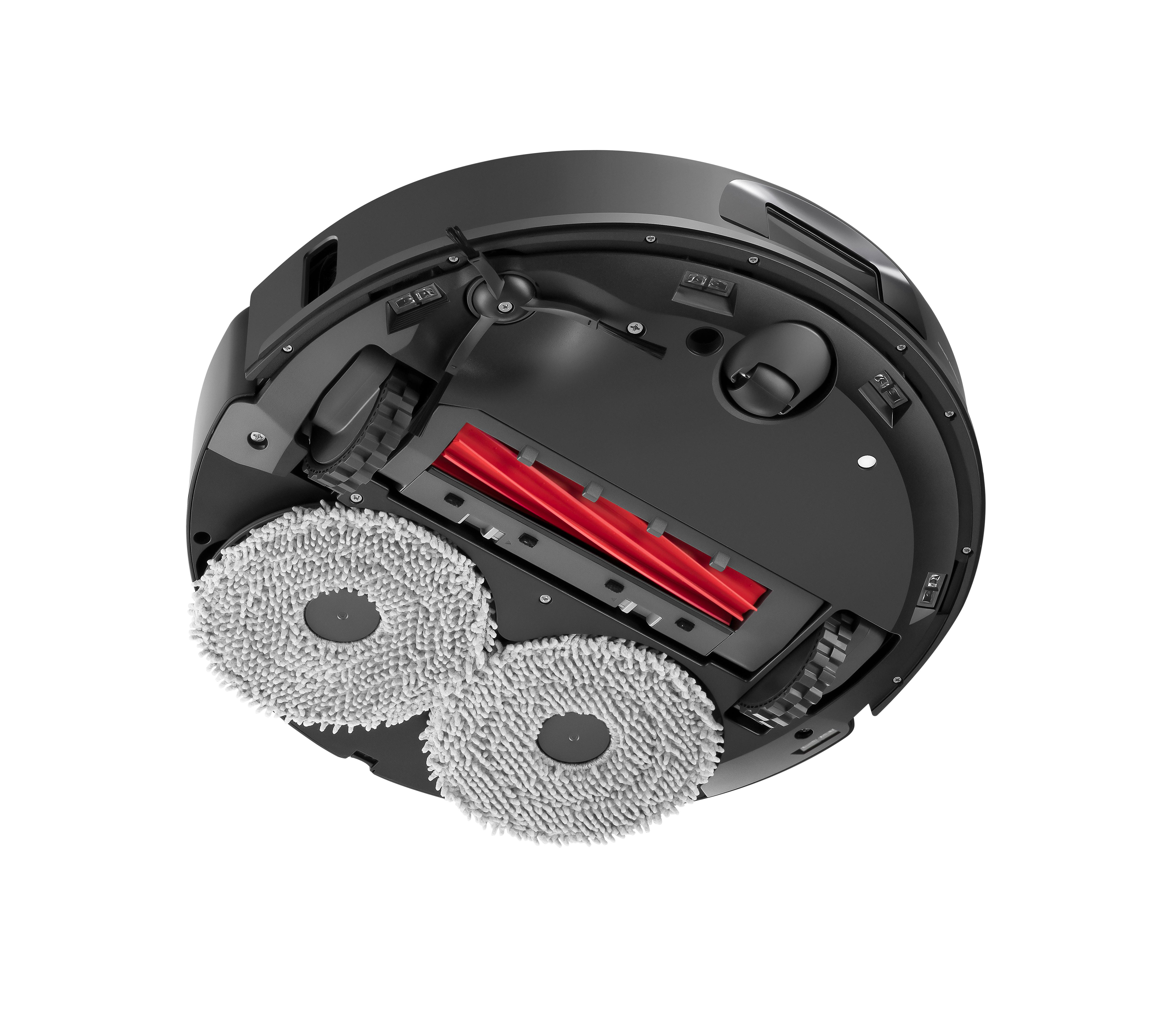 Schwarzer Roboter-Staubsauger, Unteransicht, mit zwei grauen Wischmopps und einer roten Bürste.