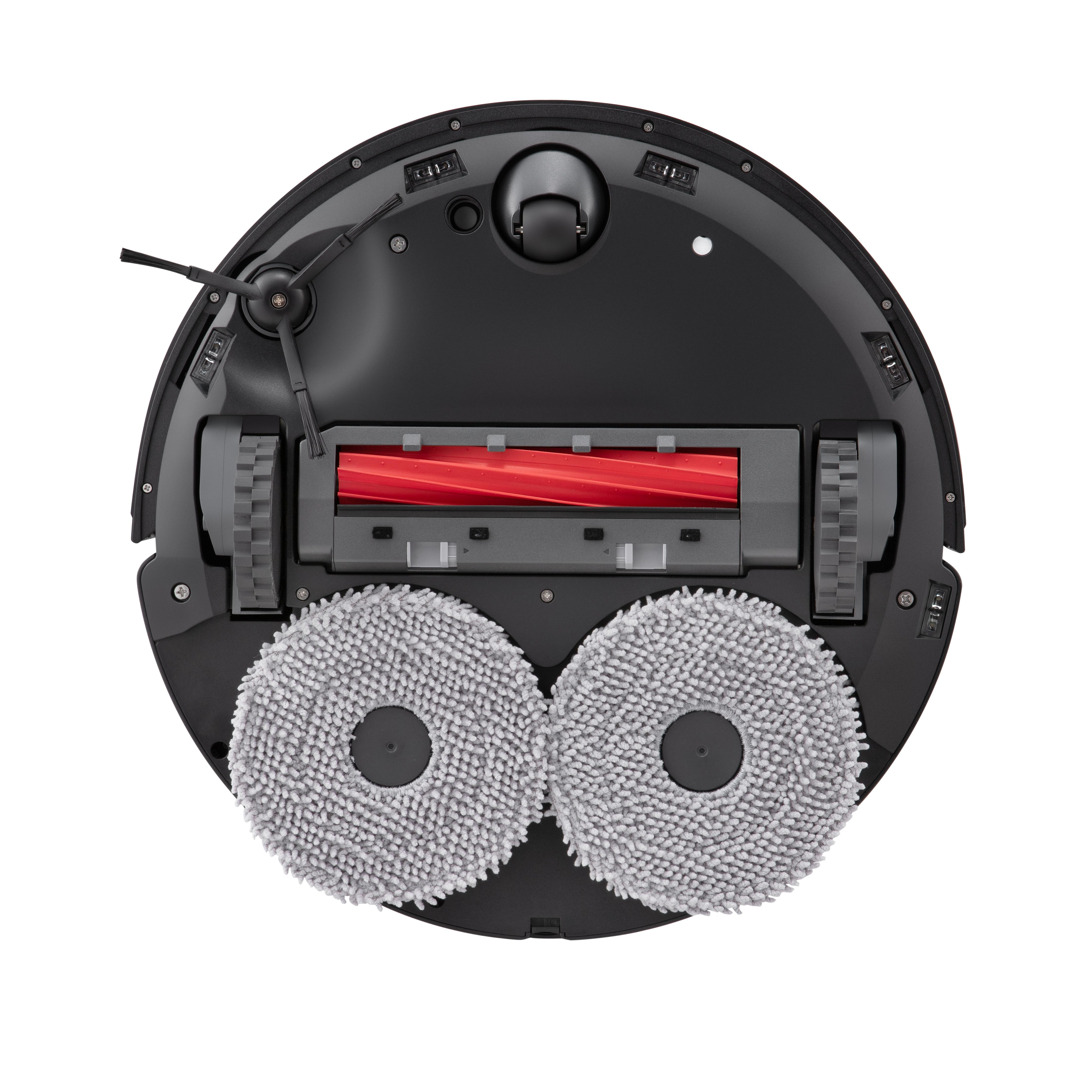 Unterseite eines Roboter-Staubsaugers. Mit Bürstenwalzen und Rädern auf weißem Grund.