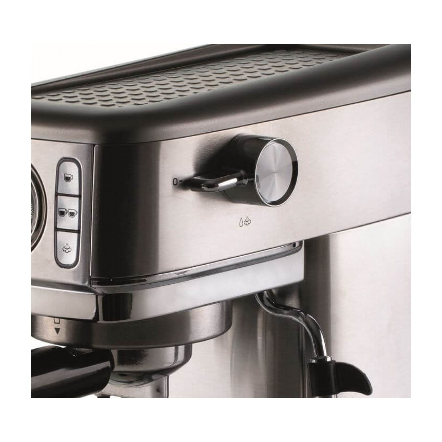 Primo piano dei comandi di una macchina per espresso, con finitura argento e nera.