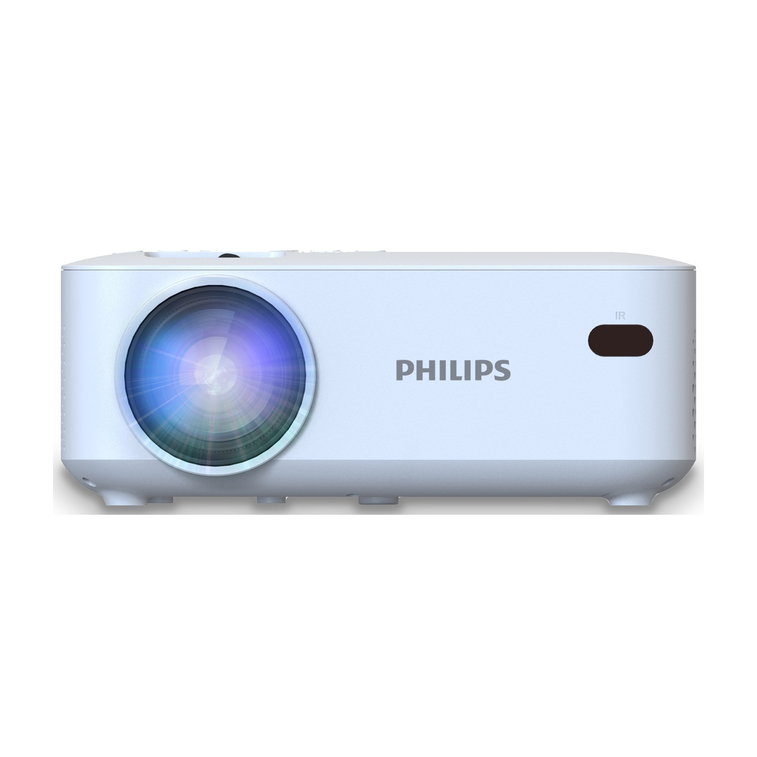 Un proiettore Philips bianco, che mostra l'obiettivo e il logo Philips.
