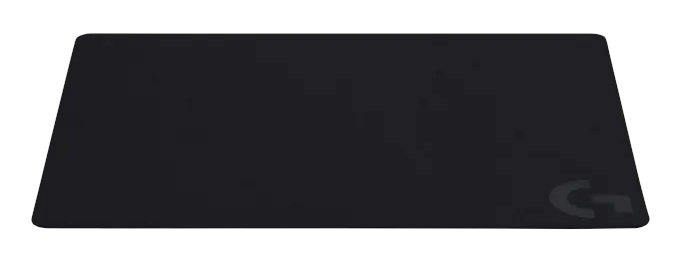 Czarna prostokątna podkładka pod mysz z logo Logitech.