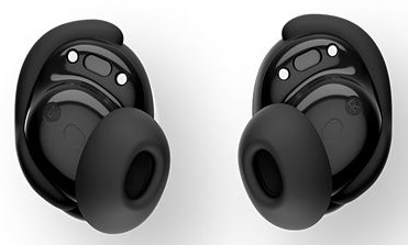 Dwa czarne słuchawki z małą białą kropką, zaprojektowane tak, aby pasowały do ucha.