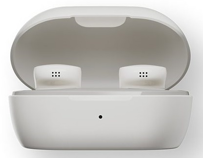 Białe otwarte etui ładujące do słuchawek dousznych, pokazujące wewnętrzne wnęki.