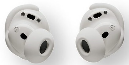 Dwa białe słuchawki z czarnymi detalami. Słuchawki są ostre na białym tle.