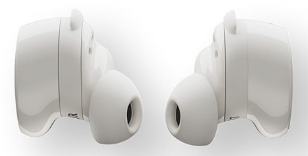 Dwa białe słuchawki douszne, pod kątem, pokazujące wkładki douszne i korpusy na białym tle.