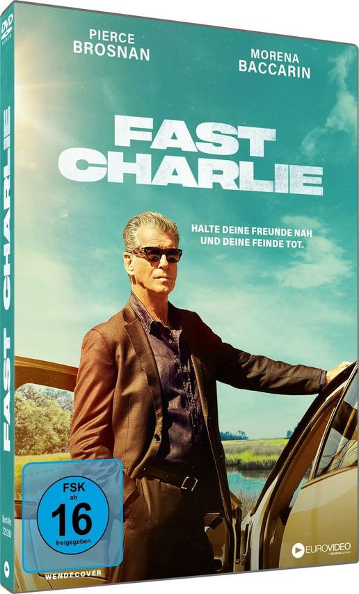DVD-Cover mit Pierce Brosnan und Morena Baccarin. Der Titel 'Fast Charlie' ist prominent.