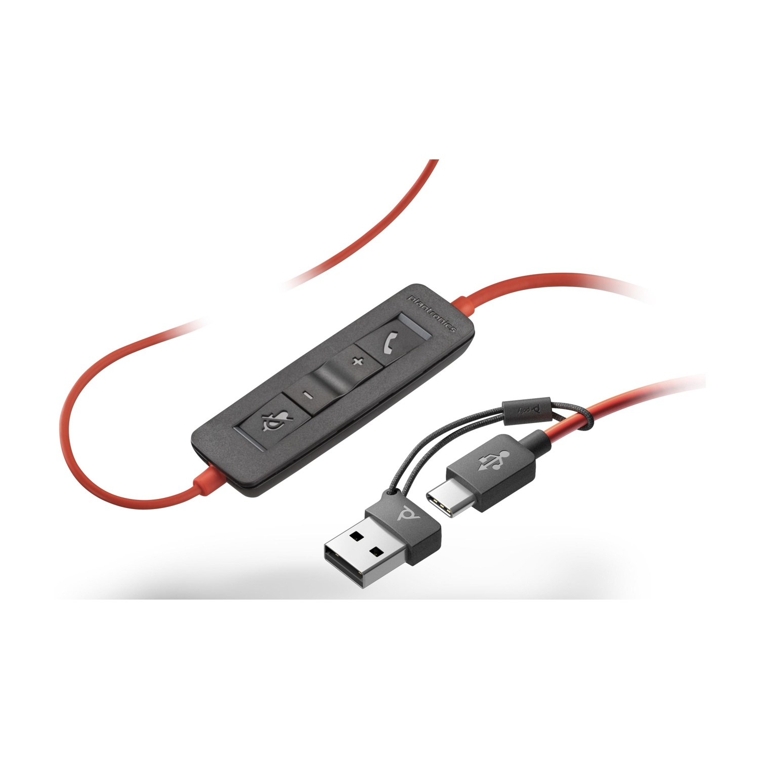 Controllo cuffie rosso e nero con connettori USB e USB-C. Sfondo bianco.