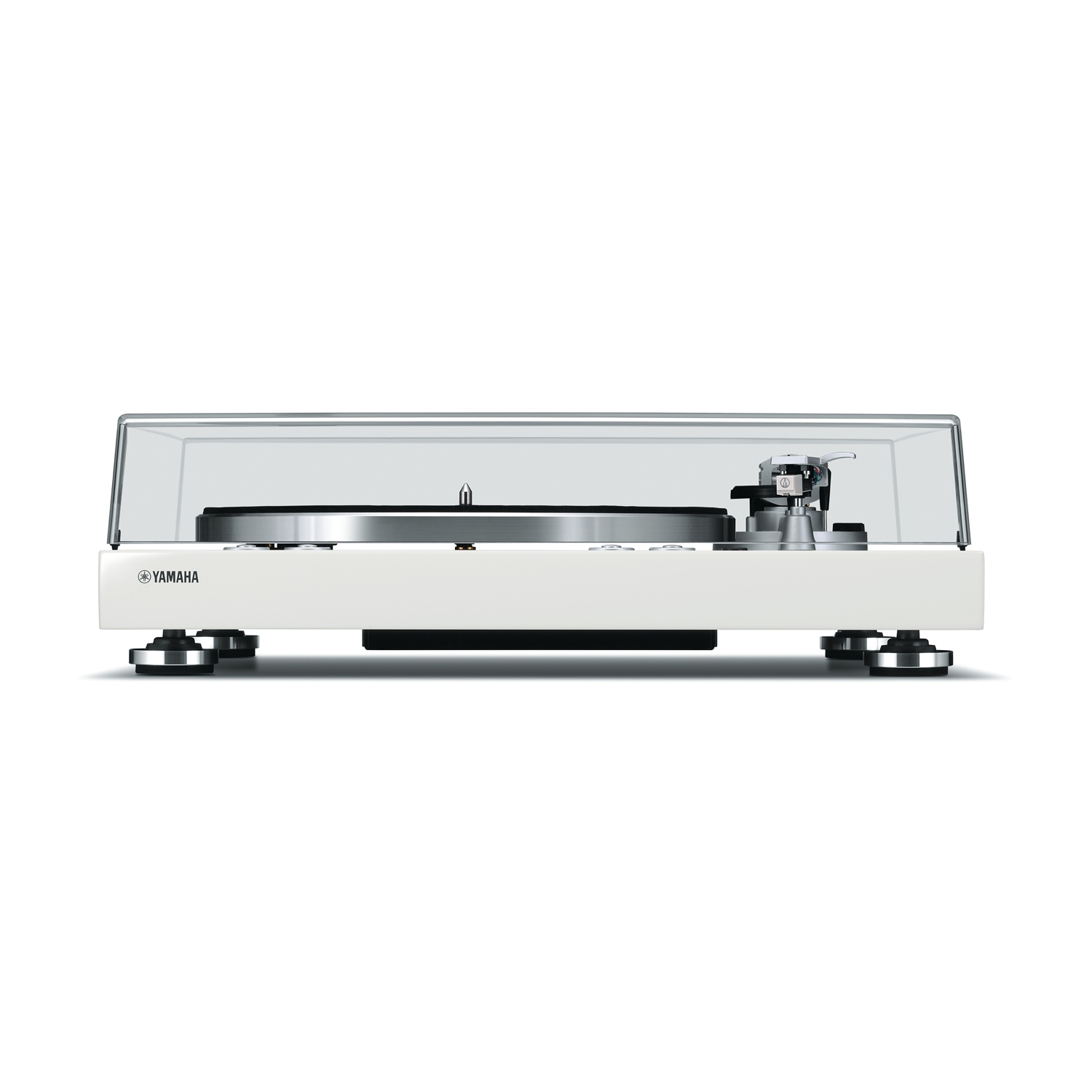 Giradischi bianco con coperchio trasparente. La parola Yamaha è visibile.
