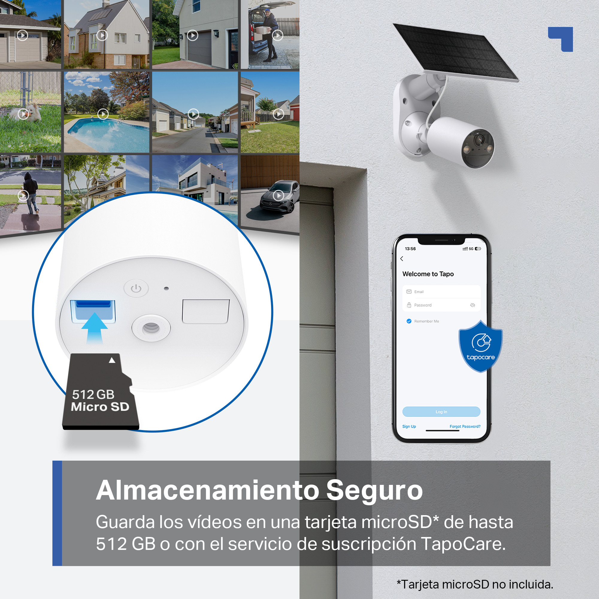 Cámara de seguridad con panel solar. El teléfono muestra la app Tapo.
