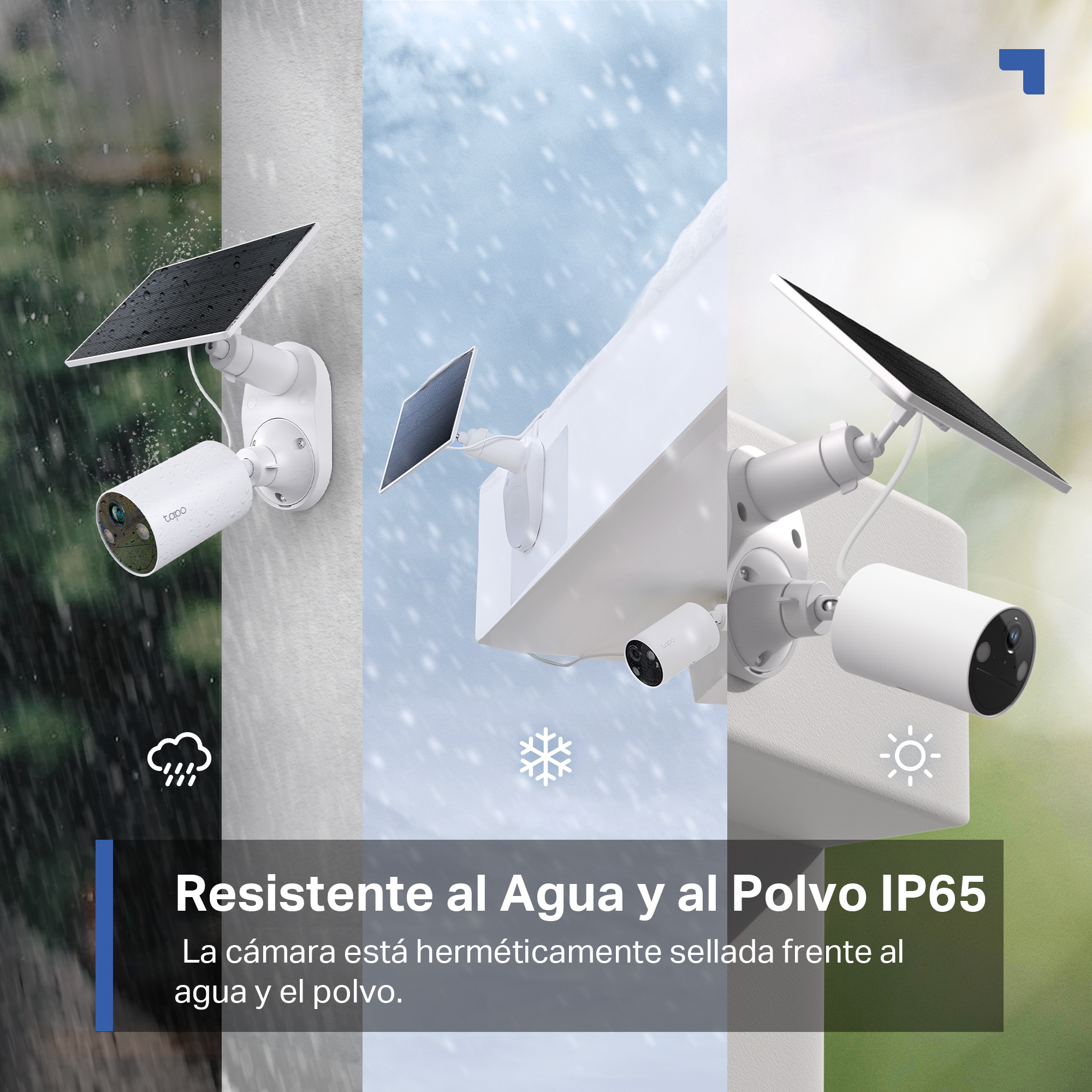 Cámaras de seguridad blancas con paneles solares y texto sobre resistencia al agua y polvo.