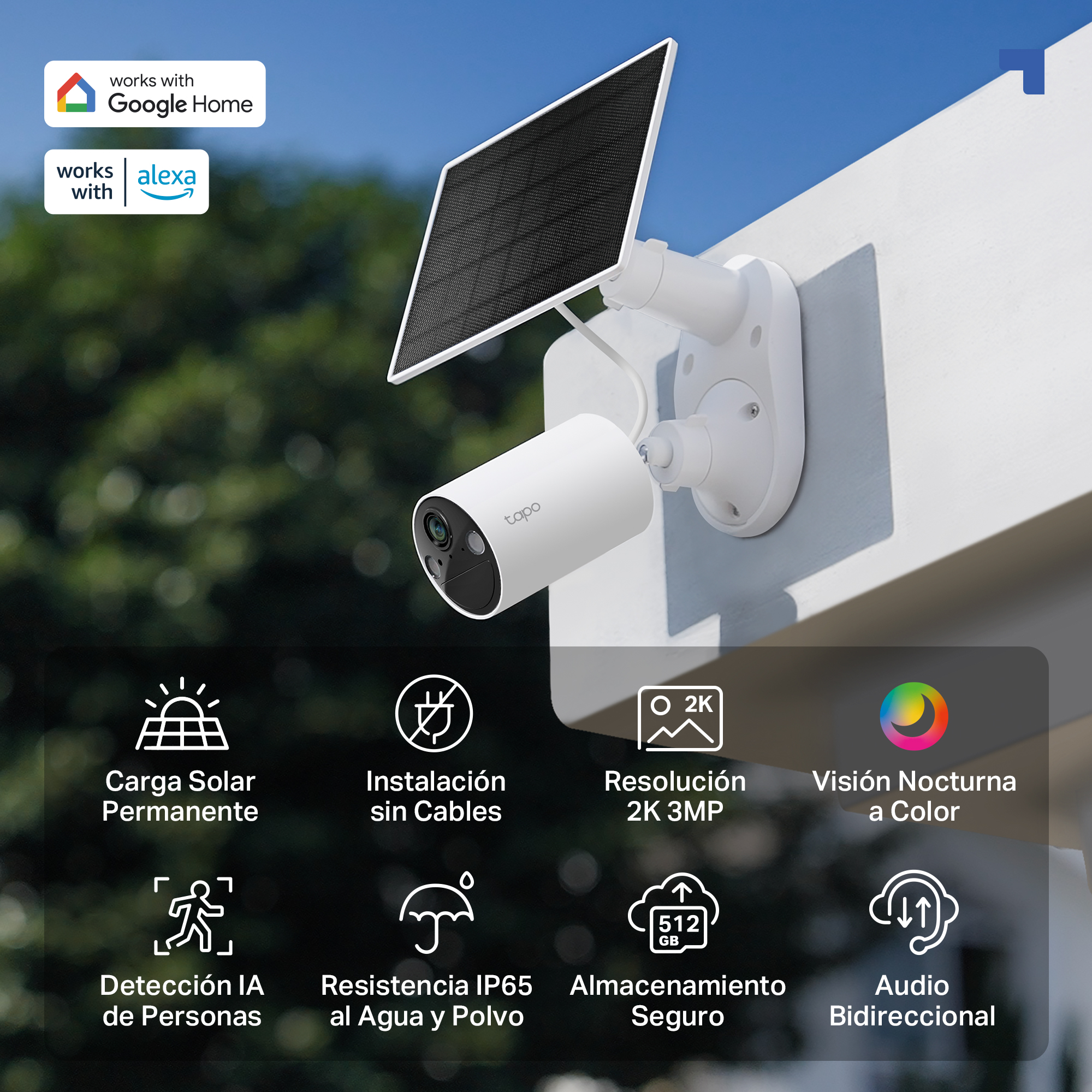 Cámara de seguridad Tapo blanca con panel solar. Texto: Solar, inalámbrico, 2K.