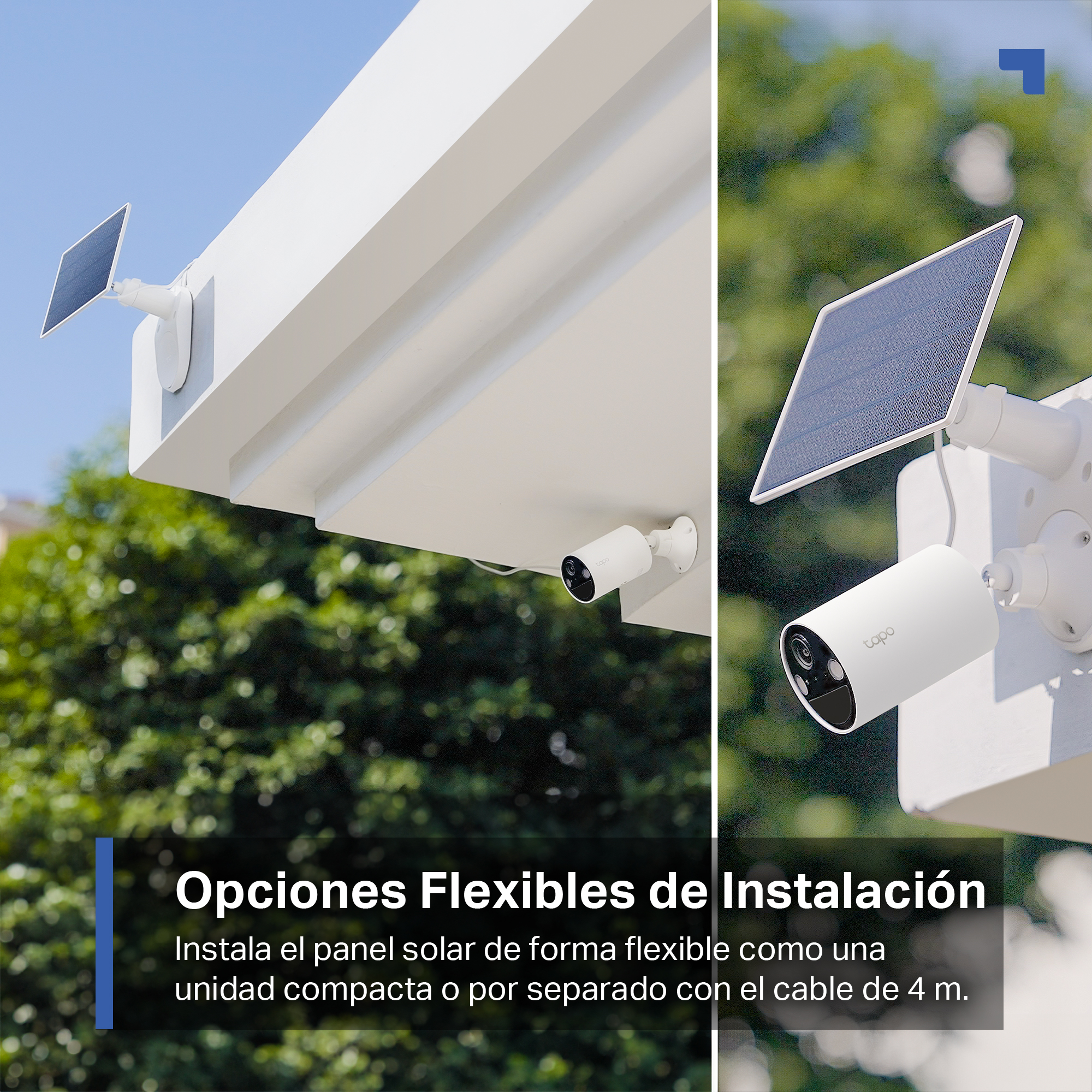 Cámaras de seguridad blancas con paneles solares. Ofrece opciones de instalación flexible, compacta o separada.