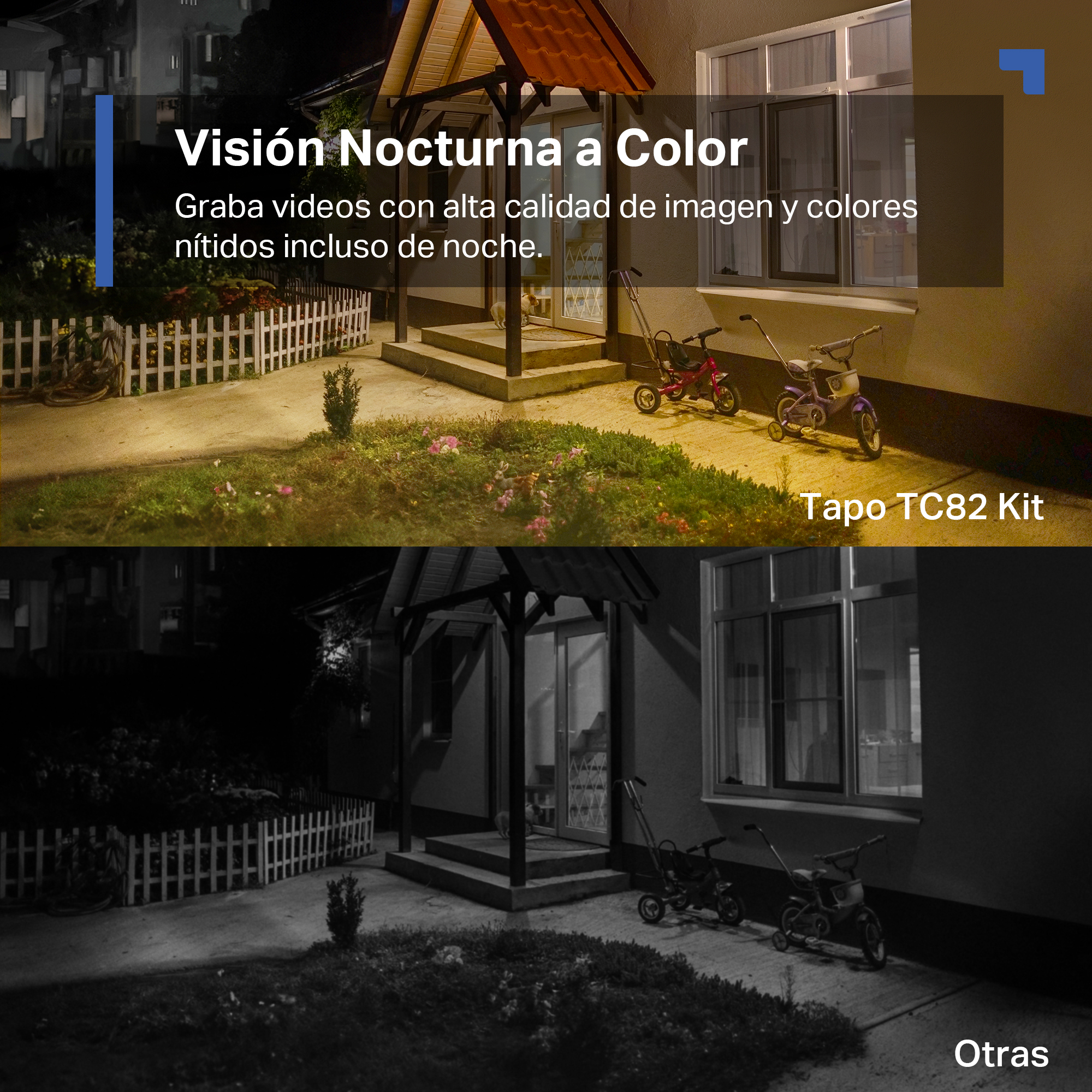 Cámara de seguridad exterior mostrando una casa de noche y día.