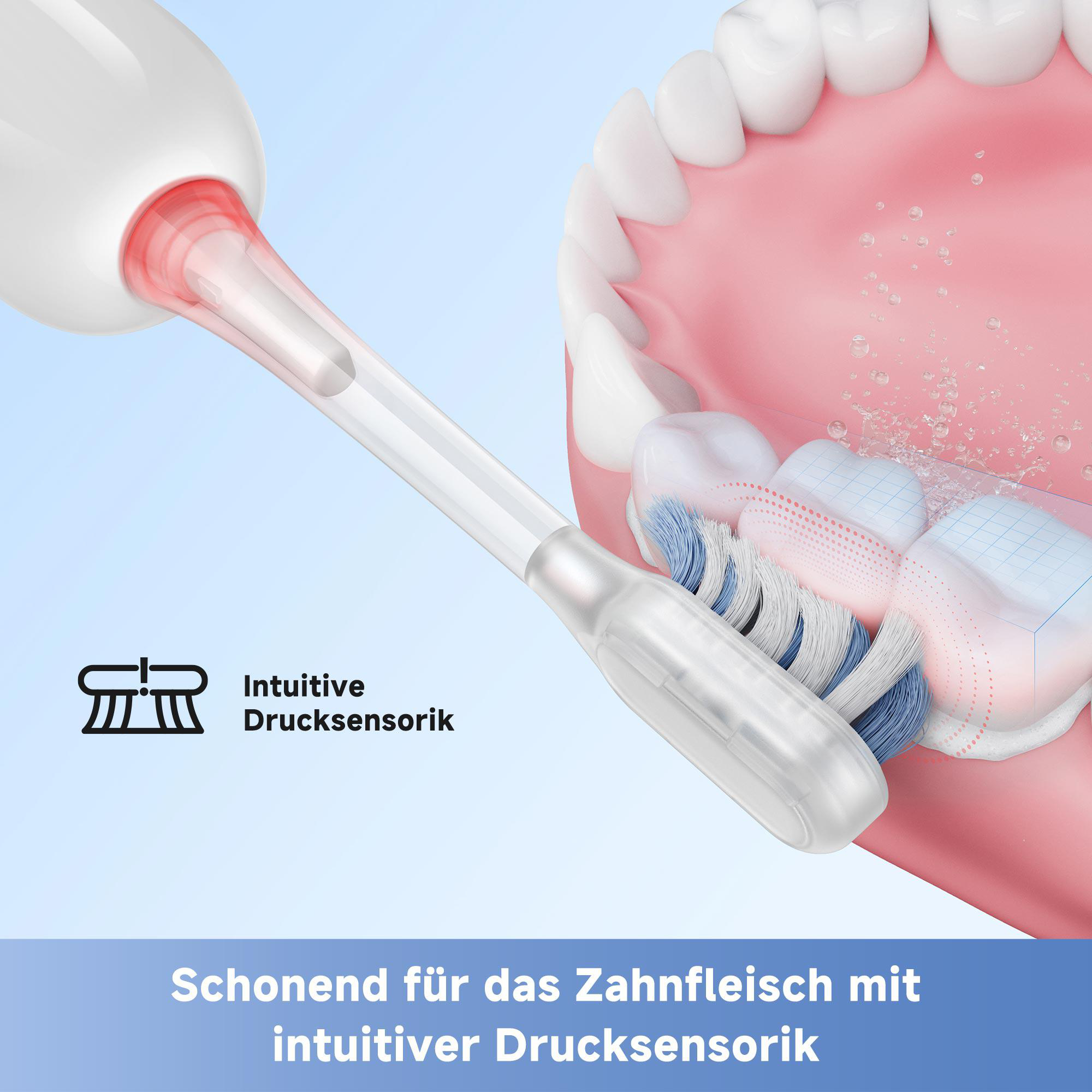 Elektrischer Zahnbürstenkopf, der Zähne putzt, mit Text über Drucksensortechnologie.