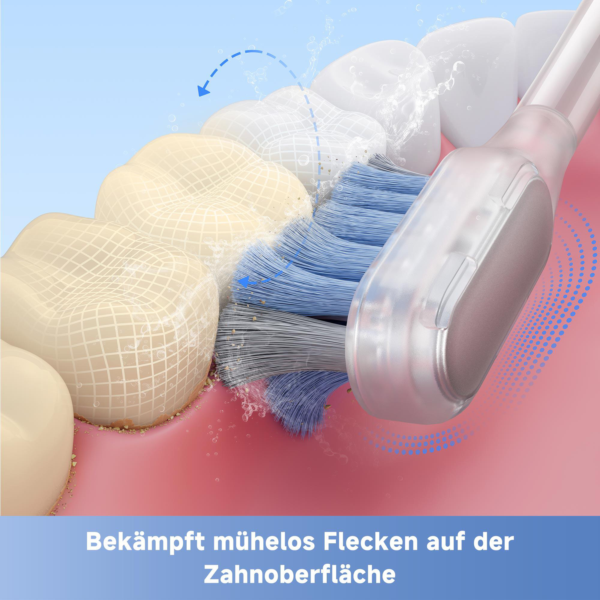 Eine Zahnbürste, die einen Zahn putzt, animiert, um den Reinigungsprozess zu zeigen.