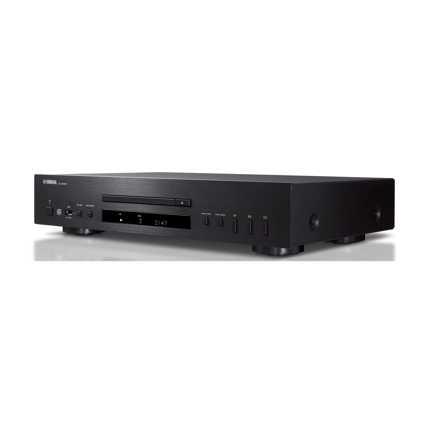Lettore CD Yamaha nero. Ha un display e pulsanti per la riproduzione e il controllo.