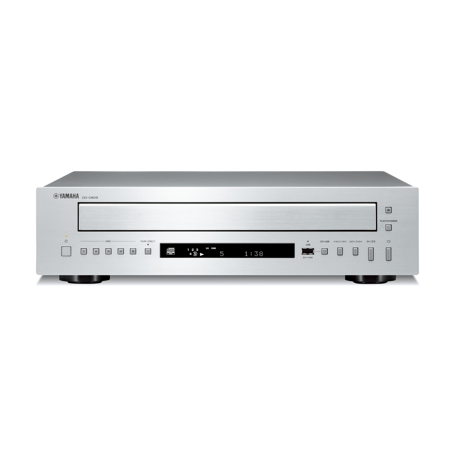 Lettore CD Yamaha argentato con display digitale e pulsanti di controllo.