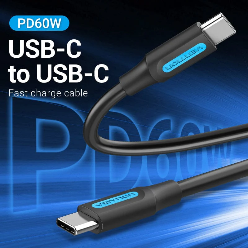 Fekete USB-C-USB-C gyorstöltő kábel kék díszítéssel.