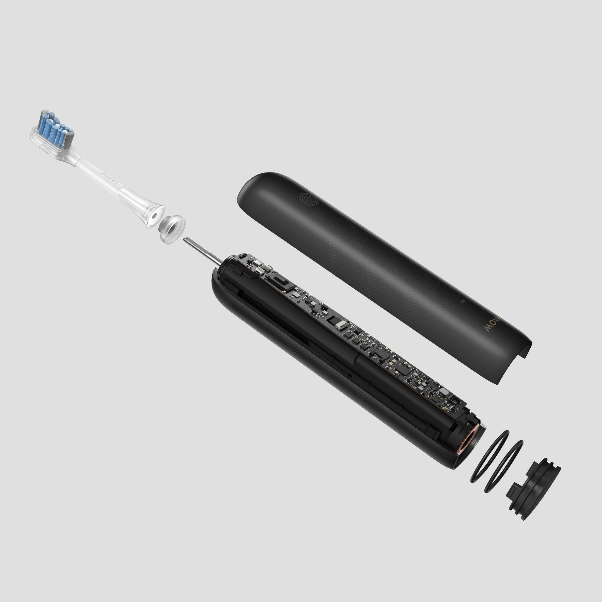 Zerlegte schwarze elektrische Zahnbürste, die interne Komponenten und einen Bürstenkopf zeigt.