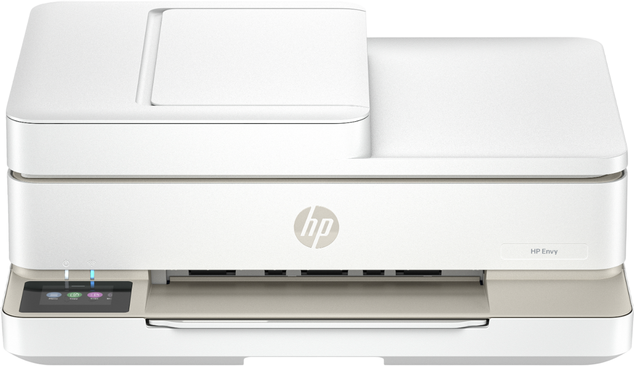 Ein HP Envy Drucker auf weißem Hintergrund. Der Drucker ist beige und weiß.