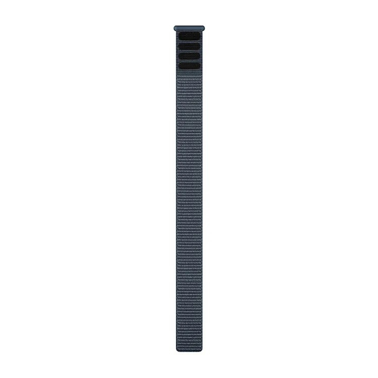 Ein dunkelblaues Uhrenarmband mit einer schwarzen Schnalle. Das Armband ist lang und schmal.