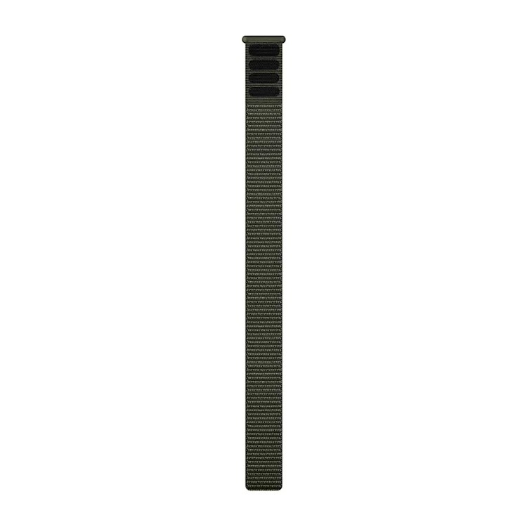Grünes Stoff-Uhrenarmband mit schwarzem Klettverschluss.