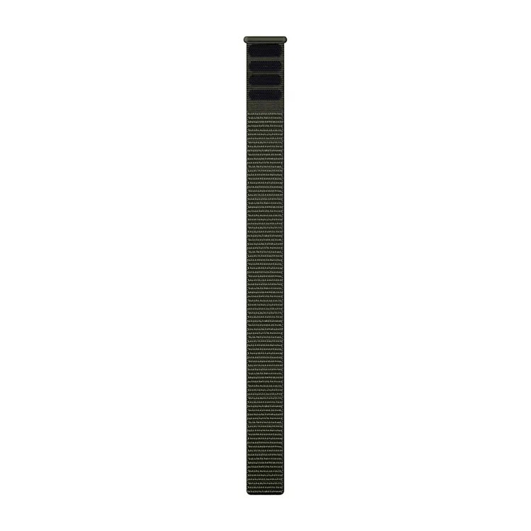Ein grünes, gewebtes Nylon-Uhrenarmband. Es ist ein langer, dünner Streifen mit Streifenmuster auf weißem Hintergrund.