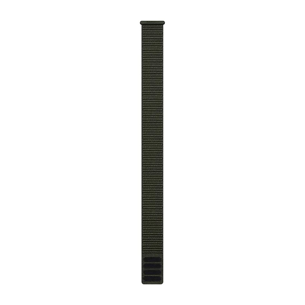 Schwarzes, strukturiertes Apple Watch-Armband vor weißem Hintergrund.