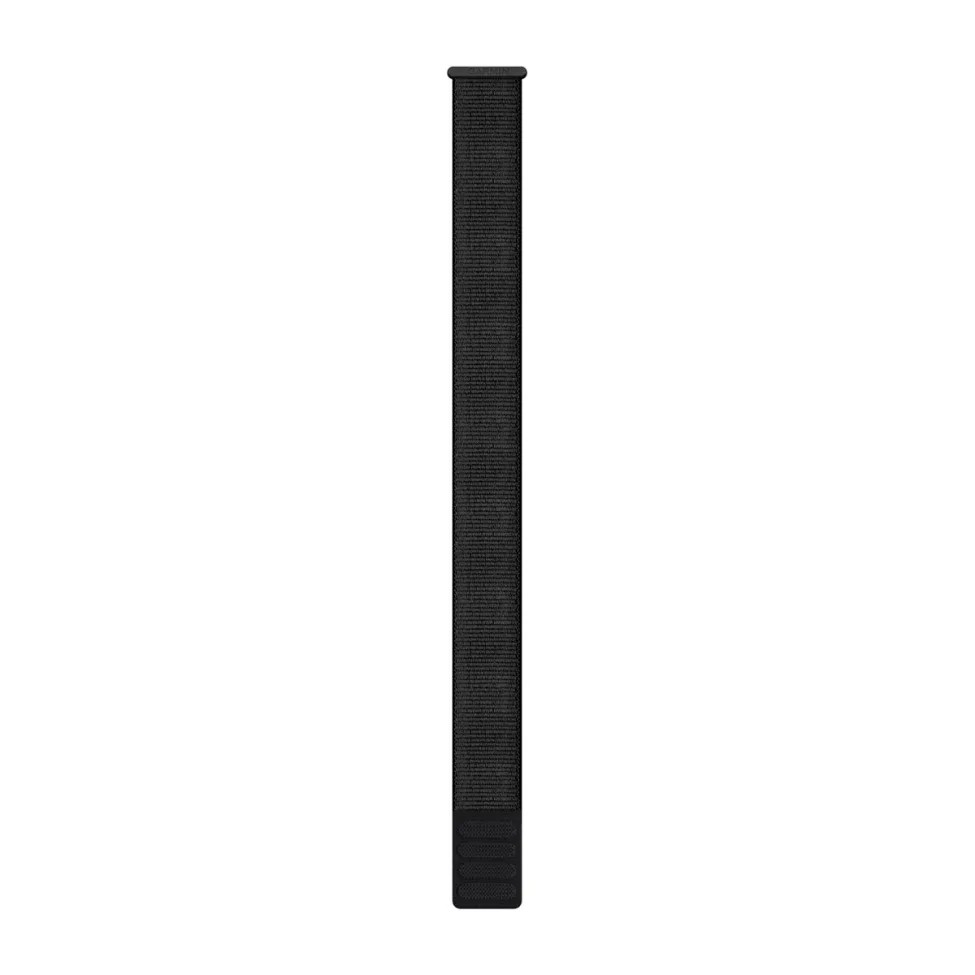 Schwarzes Stoff-Uhrenarmband, einzelner Streifen, zentriert, vor weißem Hintergrund.